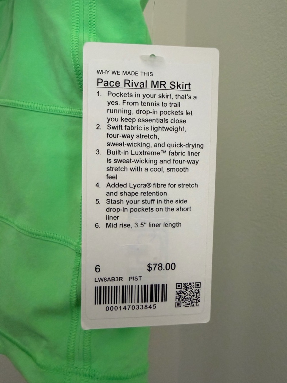 lululemon athletica pistachio Green pace rival Skirt sz 6 mid rise - Picture 5 of 5